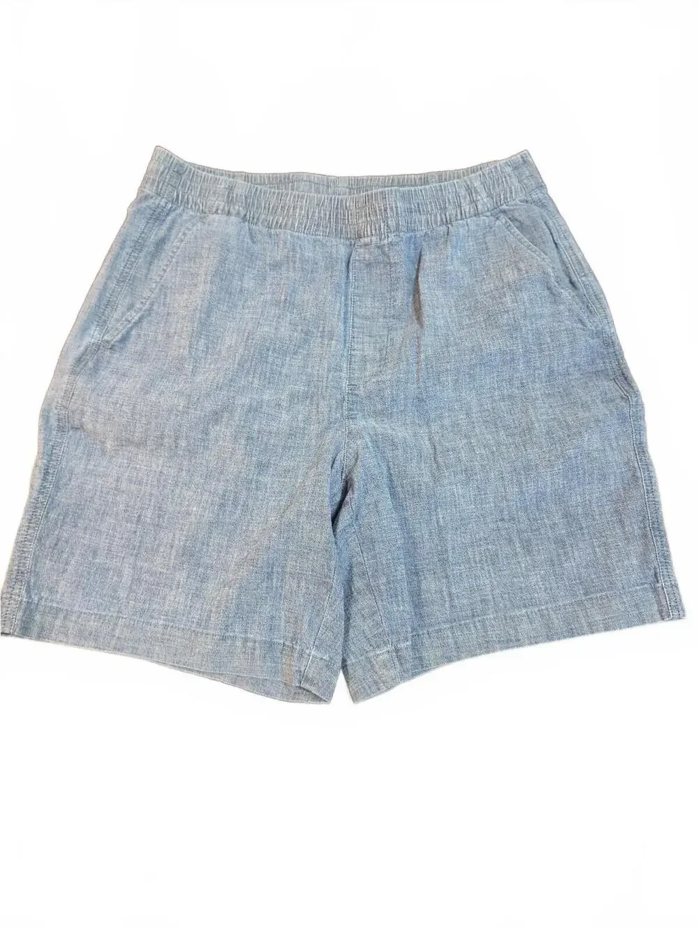 Lands End Chambray Shorts Women's 8 Blue Pull-On Cotton Stretch 7in Inseam